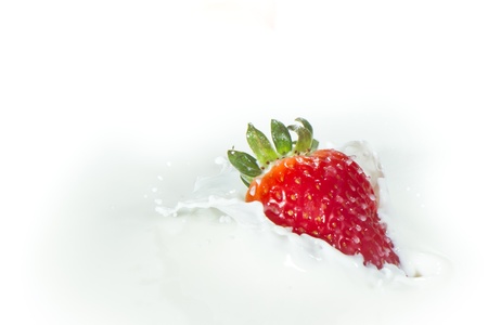 delicious fresh strawberry falling into splashing milkの写真素材