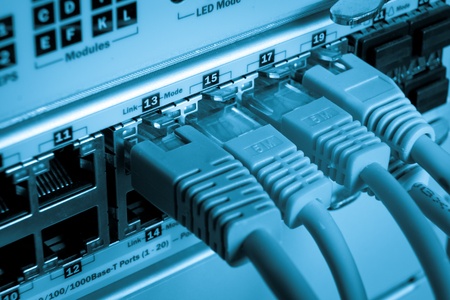 close up of network cables connected to switch