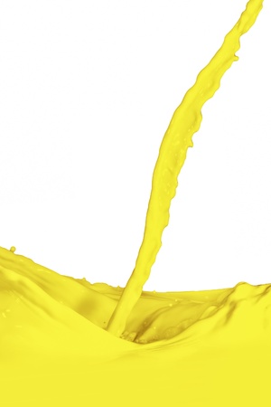 yellow paint splashing isolated on whiteの写真素材