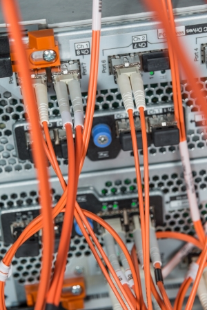 server with fiber optic  cables in data center