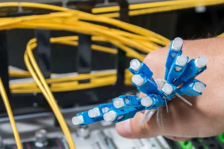 hand  of administrator holding bunch of optic fiber cables with connectors