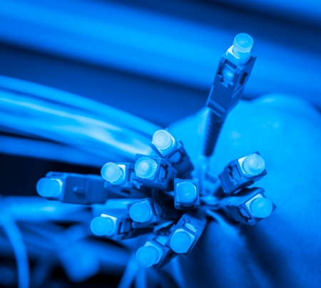 hand  of administrator holding bunch of optic fiber cables with connectorsの写真素材