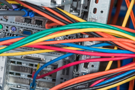close-up of network hub and ethernet cables