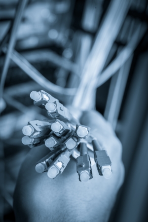 hand  of administrator holding bunch of optic fiber cables with connectorsの写真素材