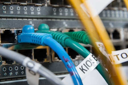 close-up of network hub and ethernet cables