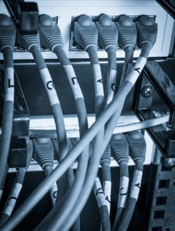 close-up of network hub and cables