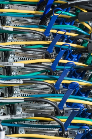 closeup of data center hardware - rear side of storage server