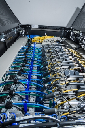 closeup of data center hardware - rear side of storage server