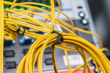 server with fiber optic  cables in data center