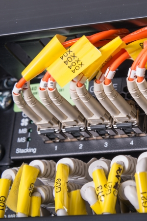 network cables connected to switch - closeup of data center hardwareの写真素材