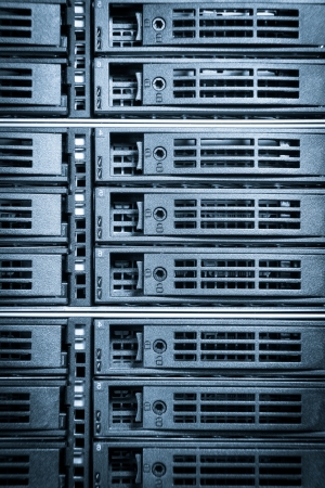 close-up of hard drives in data center