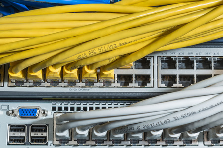 network cables connected to switch - closeup of data center hardware