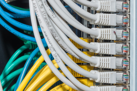 network cables connected to switch - closeup of data center hardware
