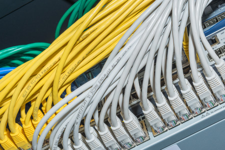 network cables connected to switch - closeup of data center hardware
