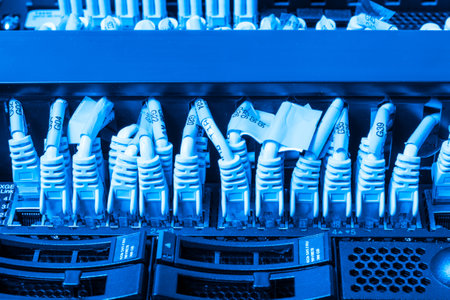 network cables connected to switch - closeup of data center hardware