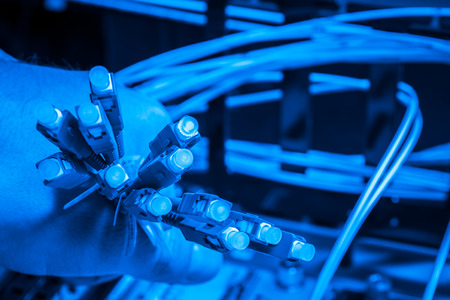 hand  of administrator holding bunch of optic fiber cables with connectorsの写真素材