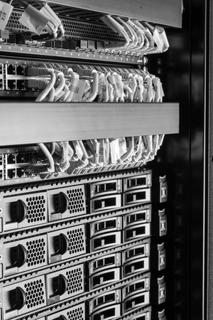 network cables connected to switch - closeup of data center hardwareの写真素材