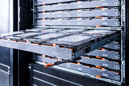 The stick out slot for the hard drive. Powerful computer equipment of the Internet provider is in...