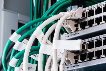 colorful patch cables connected to switch - high speed internet concept