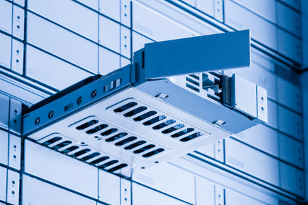hard drive repair concept - hard disk inside tray is pulled out of internet cloud data storage array