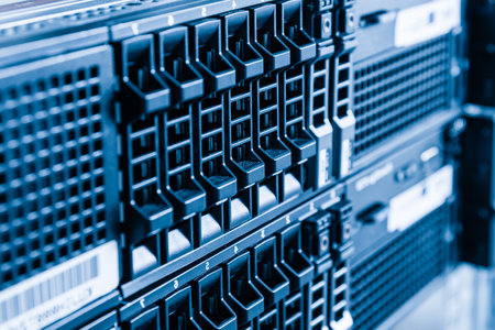Row of hard disks used for data storage in internet data center