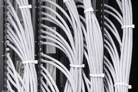 bunch of patch network cables sorted in rack cabinet, leading from patch panel in the server rack in...