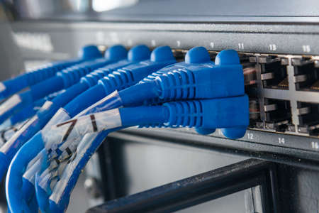 detail of large number of cables tied together connecting racks inside server room