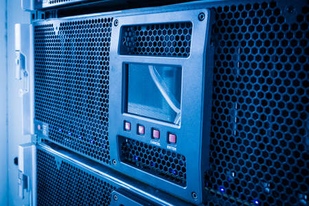 Close-up of a server rack in data storage room