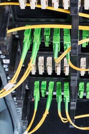 Fiber Optic cables connected to an optic ports - data switch in internet data center