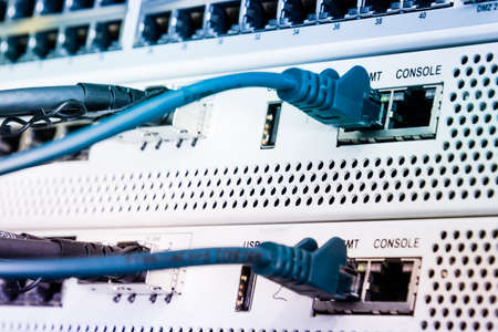 Backside of server rack with patch cable connected into the switch panelの写真素材