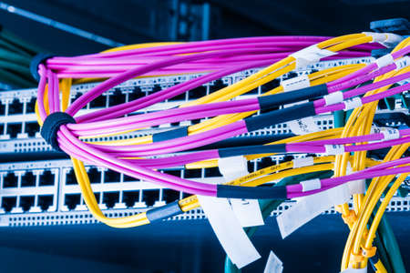 Fiber Optic cables connected to an optic ports - data switch in internet data center