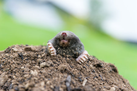 Mole, Talpa europaea, making mole hill and damaging beautiful lawn and flower garden.