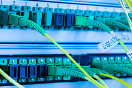 fiber optic cables plugged in network switch panel inside data center