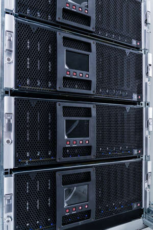 Close-up of a server rack in data storage room
