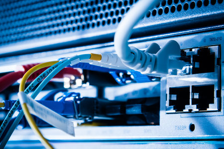 backside of server rack with patch cable connected into the switch panel