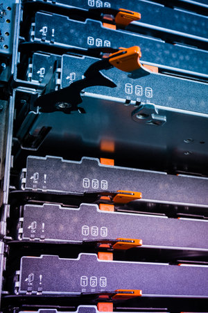 detail trays with hard drives inside data cloud centerの写真素材