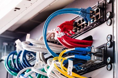 colorful patch cables connected to switch - high speed internet conceptの写真素材