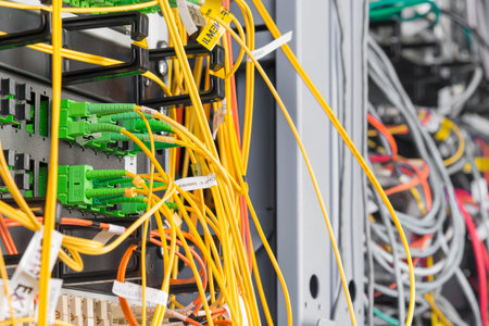 detail of server rack with fiber optic cables attached to front panel switch ports