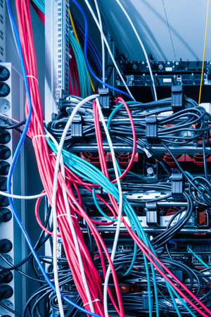 network panel, switch and cables inside internet data centerの写真素材