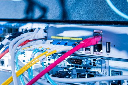 backside of server rack with patch cable connected into the switch panelの写真素材