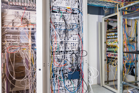 Server rack with fiber optic cables attached to front panel switch portsの写真素材