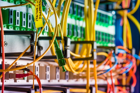 detail of server rack with fiber optic cables attached to front panel switch portsの写真素材