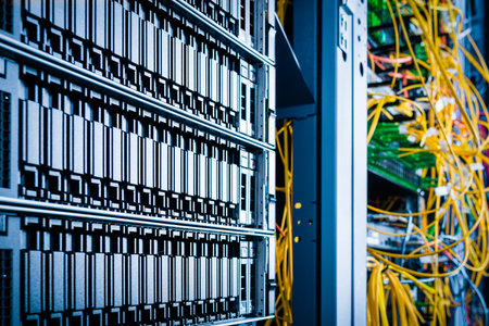 Row of hard disks used for data storage in internet data centerの写真素材