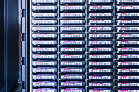 robotic data archive center with large amount of magnetic tapesの写真素材