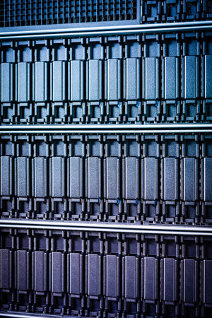 Row of hard disks used for data storage in internet data centerの写真素材