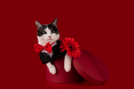 cat sitting on red gift boxes with gerberaの写真素材