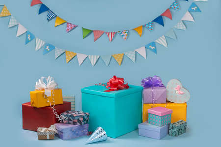 decoration for a boy's birthday with a lot of giftsの写真素材