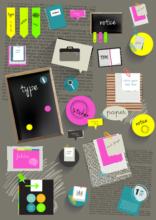 Work office web layout  Colorful graphic template  Folder, sticker, graph, tab, data, black board, bubbles set のイラスト素材