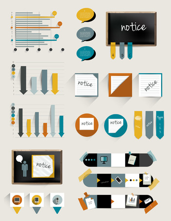 Infographics collection of charts, graphs, speech bubbles, notices, paper blocks, stickers, black board and flat icons  のイラスト素材