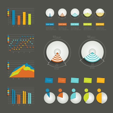 Illustration pour Minimalistic modern infographic folder with pie charts, arrows, speech bubbles and icons  Flat vector - image libre de droit